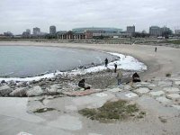Due to reduced water levels in Lake Michigan, the remains of a ship were uncovered at the northeast corner of Chicago's 12th Street Beach adjacent to the Adler Planetarium.
